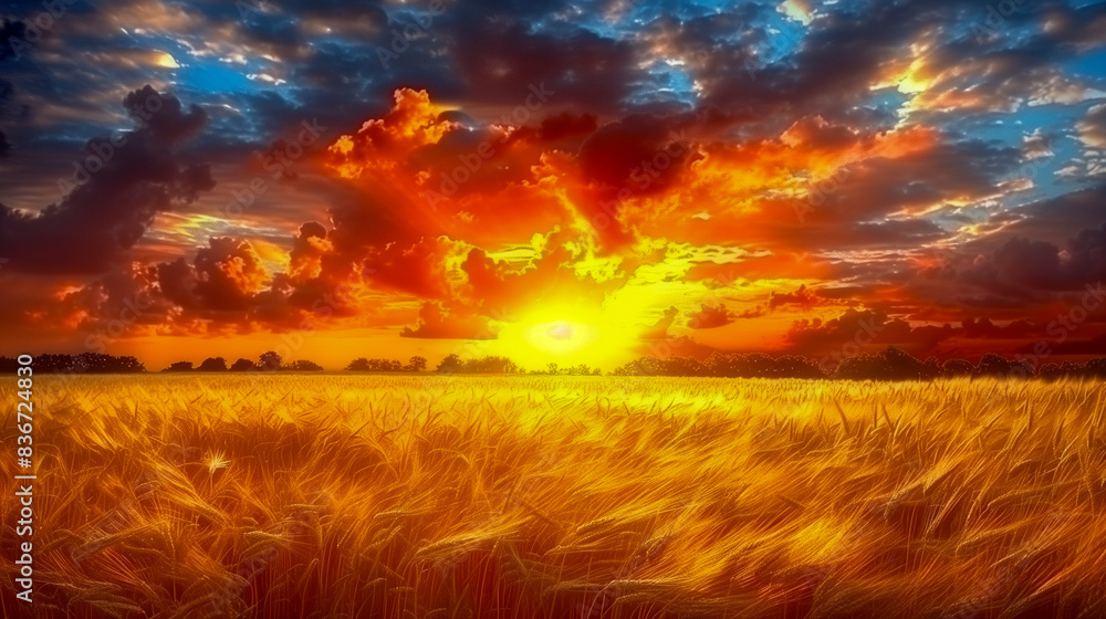 Sunset over a wheat field with golden stalks swaying in the breeze Sunset over a wheat field with golden stalks swaying in the breeze