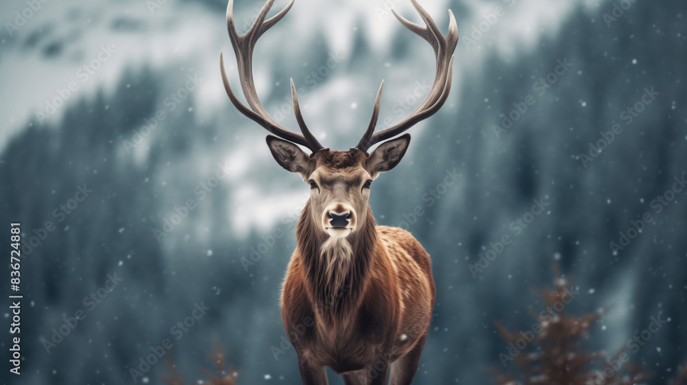 Noble deer in winter forest. Autumn scene with reindeer. Snowy winter christmas landscape Noble deer in winter forest. Autumn scene with reindeer. Snowy winter christmas landscape