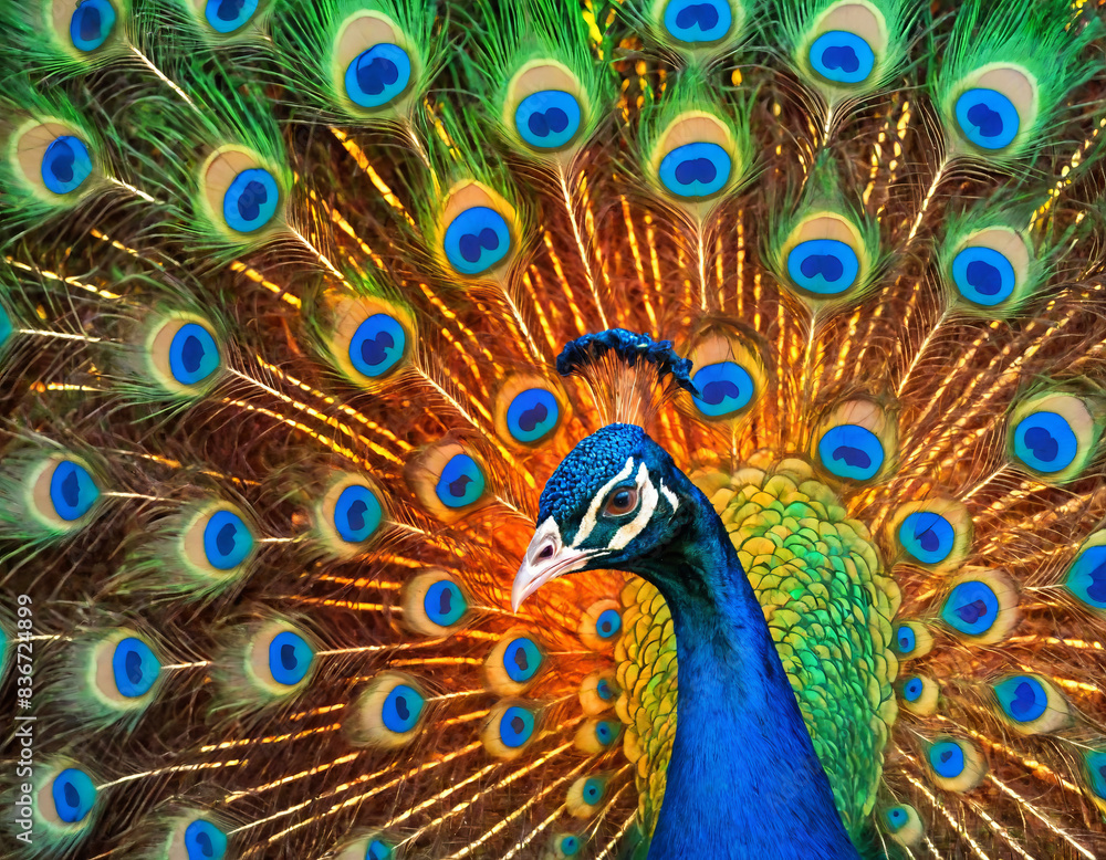 Obraz premium Stunning Peacock with Vibrant Feathers on Colorful Background