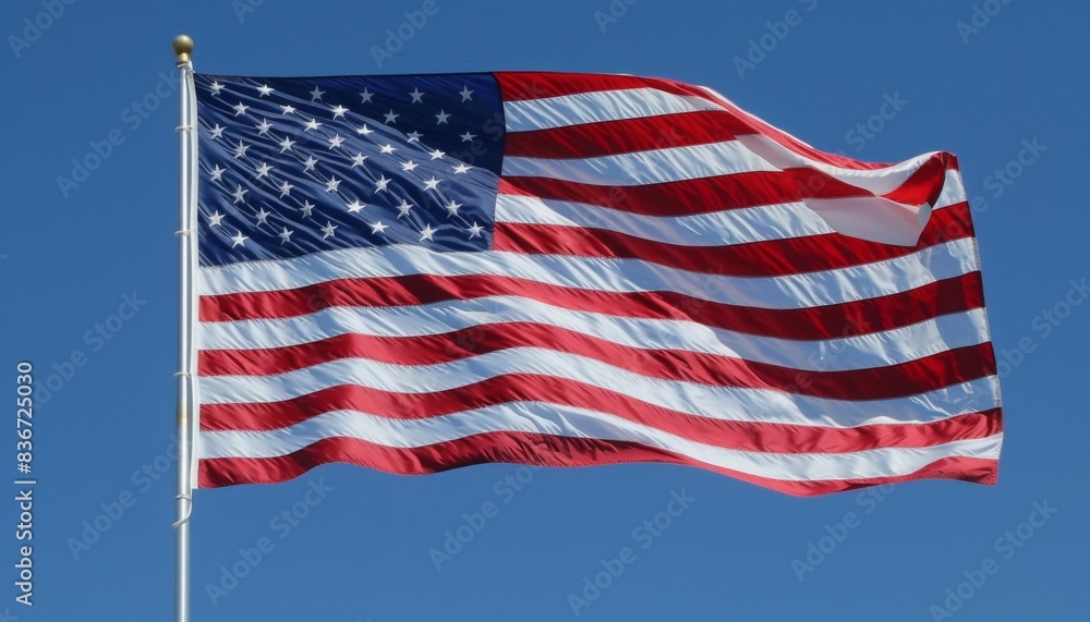 Fototapeta premium Flag of United States of America being waved in the breeze against a sky. USA flag