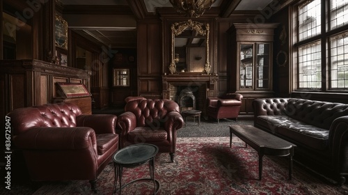 Elegant vintage sitting room with dark wood paneling, leather tufted chairs and sofa, Persian rug, and large windows with decorative glass.