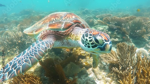 Sea Turtle Swimming Over Coral Reef