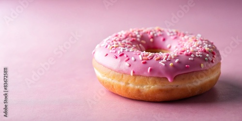 Freshly baked donut with pink icing and white sprinkles on soft pink background photo