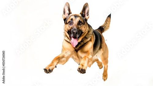 German Shepherd in a mid-run pose with tongue out and ears perked up  white background