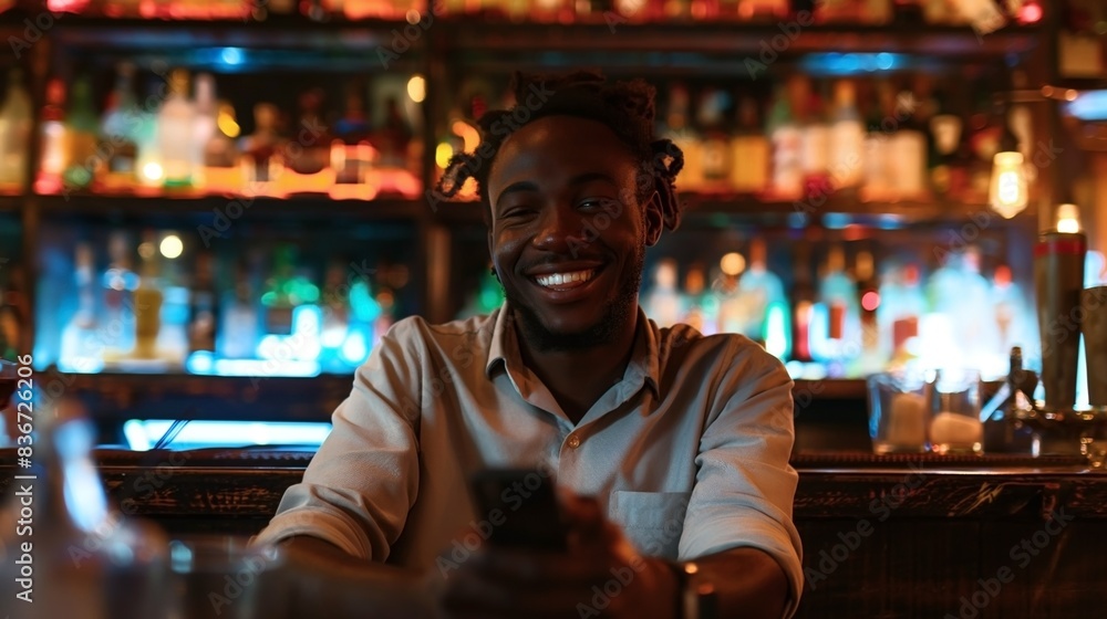 Smiling man holding a smartphone sitting at a bar with colorful illuminated bottles in the background. Smiling man holding a smartphone sitting at a bar with colorful illuminated bottles in the background.