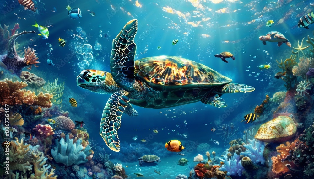 Obraz premium Colorful underwater photograph of diverse marine animals and a large turtle swimming gracefully