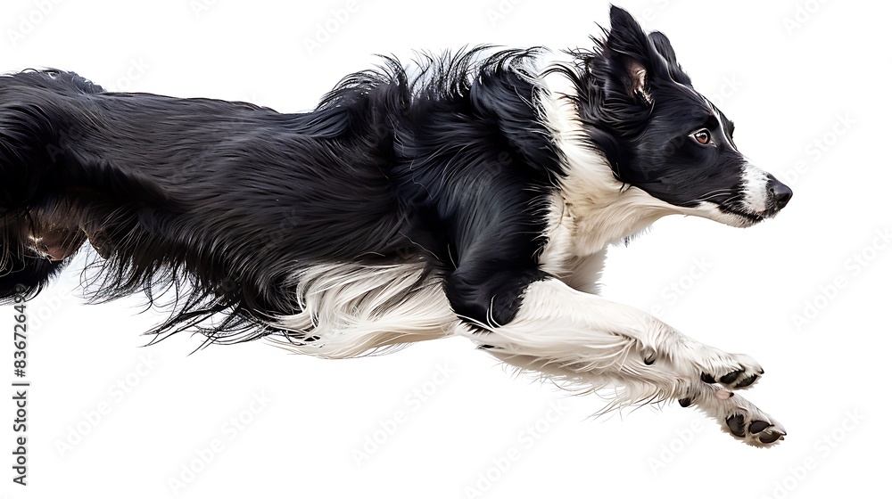 Border Collie mid-jump, demonstrating agility with intense focus, white background Border Collie mid-jump, demonstrating agility with intense focus, white background