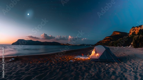 A picturesque camping site in nature with tents  On the beach  generated by AI