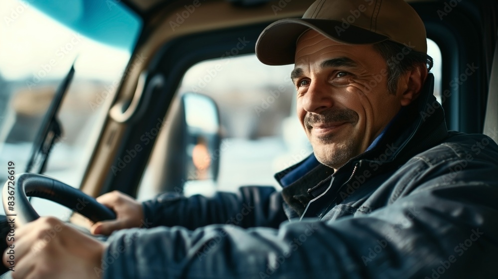 Smiling truck driver wearing a cap and jacket inside the vehicle, holding the steering wheel and looking content. Smiling truck driver wearing a cap and jacket inside the vehicle, holding the steering wheel and looking content.