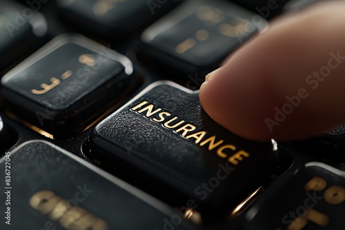Close up of finger typing insurance on modern black and gold keyboard in high resolution