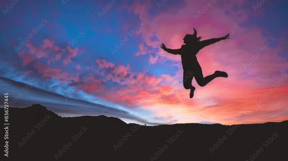 A silhouette of a person jumping in the air against a vibrant sunset sky, capturing a sense of freedom and adventure A silhouette of a person jumping in the air against a vibrant sunset sky, capturing a sense of freedom and adventure