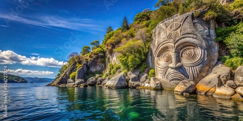 Traditional rock carving at Lake Taupo, North Island, New Zealand , tradition, Maori, culture, art, sculpture, landmark, tourist attraction, indigenous, carved, natural beauty, historic © Sompong