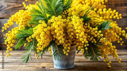 Bouquet of fresh spring yellow mimosa flowers isolated on white background, perfect gift for Mom's Day or Valentine's Day, floral symbol of warmth and sunshine, mimosa, flowers, bouquet photo
