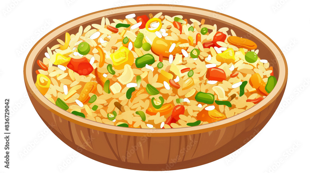 Colorful bowl of fried rice with vibrant vegetables, showcasing a delicious and healthy meal option. Perfect for food blogs and culinary designs.on transparent background Colorful bowl of fried rice with vibrant vegetables, showcasing a delicious and healthy meal option. Perfect for food blogs and culinary designs.on transparent background