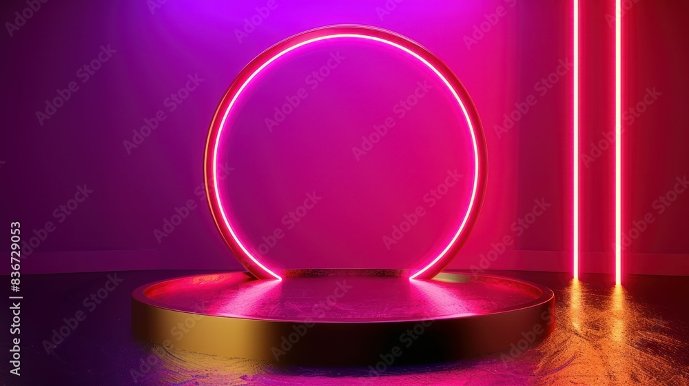 An opulent gold podium adorned with a vibrant neon glowing round frame, showcasing upscale home decor and furnishingsto interior design enthusiasts at home decor exhibitions or trade An opulent gold podium adorned with a vibrant neon glowing round frame, showcasing upscale home decor and furnishingsto interior design enthusiasts at home decor exhibitions or trade
