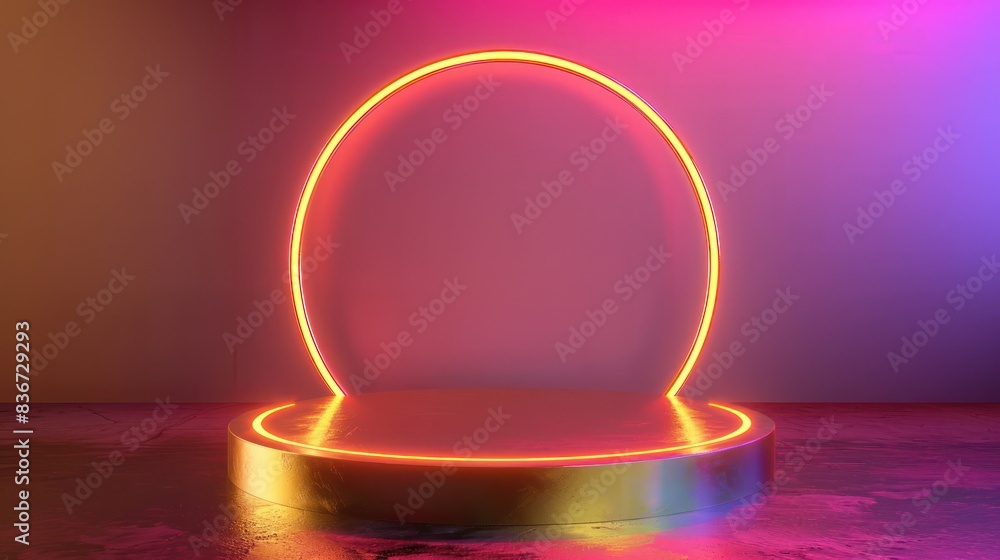 A regal gold podium with an eye-catching neon glowing round frame, presenting wellness and fitness products in a dynamic and energetic display, at wellness fairs or fitness expos. A regal gold podium with an eye-catching neon glowing round frame, presenting wellness and fitness products in a dynamic and energetic display, at wellness fairs or fitness expos.