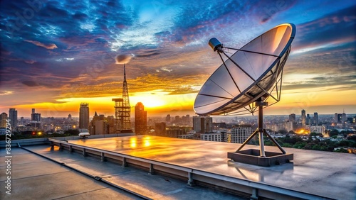 Satellite dish on rooftop connecting to satellites for internet service at dusk in cityscape backdrop photo