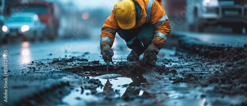  Worker in hard hat repairs potholes on road for safe driving photo