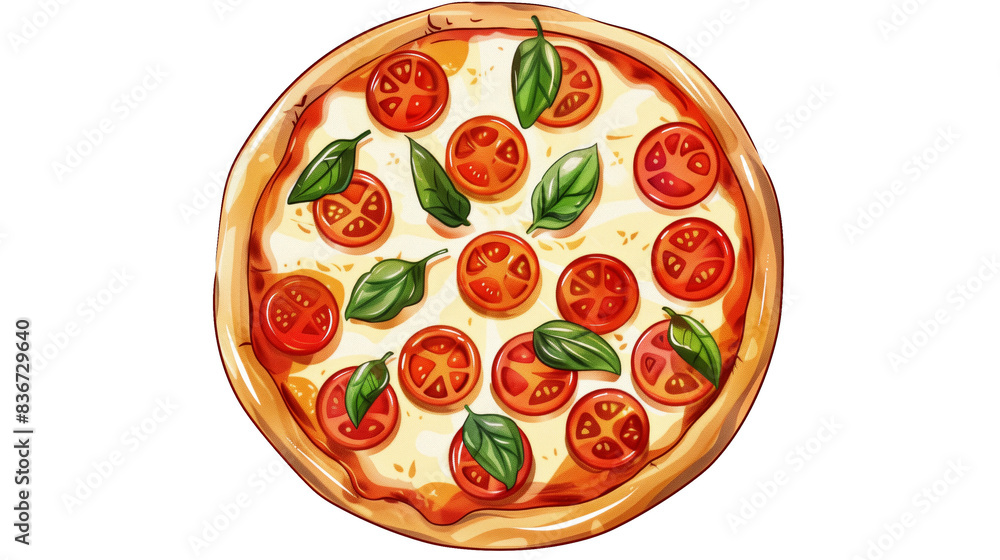 Delicious tomato basil pizza with melted cheese and crispy crust. Perfect meal option for a quick lunch or a relaxing dinner.on transparent background Delicious tomato basil pizza with melted cheese and crispy crust. Perfect meal option for a quick lunch or a relaxing dinner.on transparent background