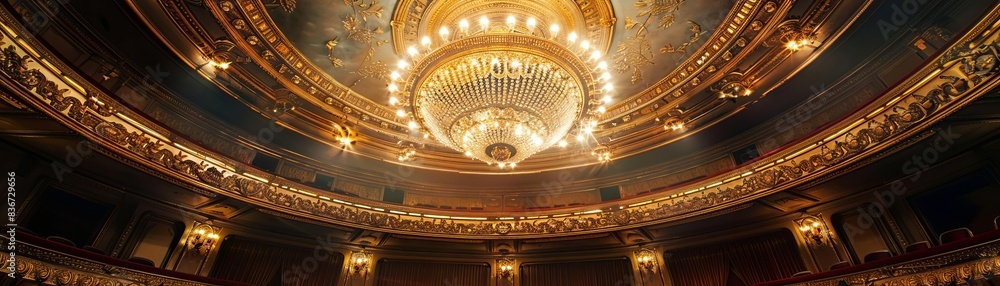 Obraz premium Illustrate an intricate, antique theater ceiling adorned with ornate moldings and a mesmerizing chandelier suspended in the center, bathed in a soft, golden glow