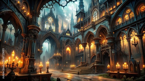 Spooky gothic environment with ornate architecture and eerie lighting