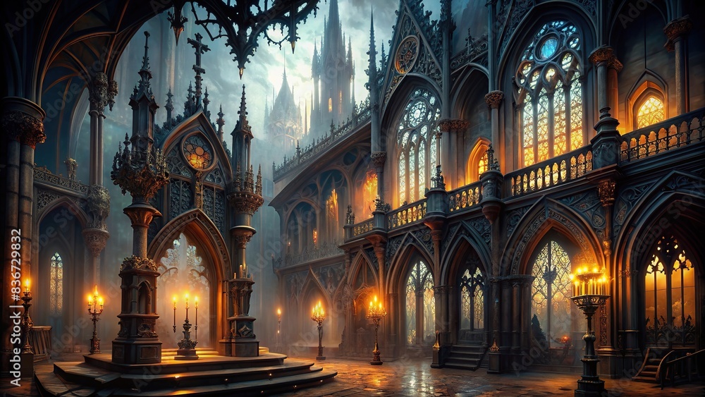 Spooky gothic environment with ornate architecture and eerie lighting