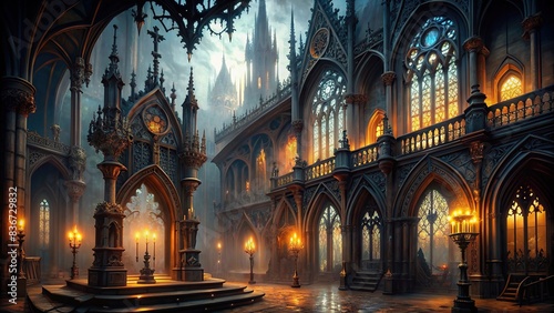 Spooky gothic environment with ornate architecture and eerie lighting photo