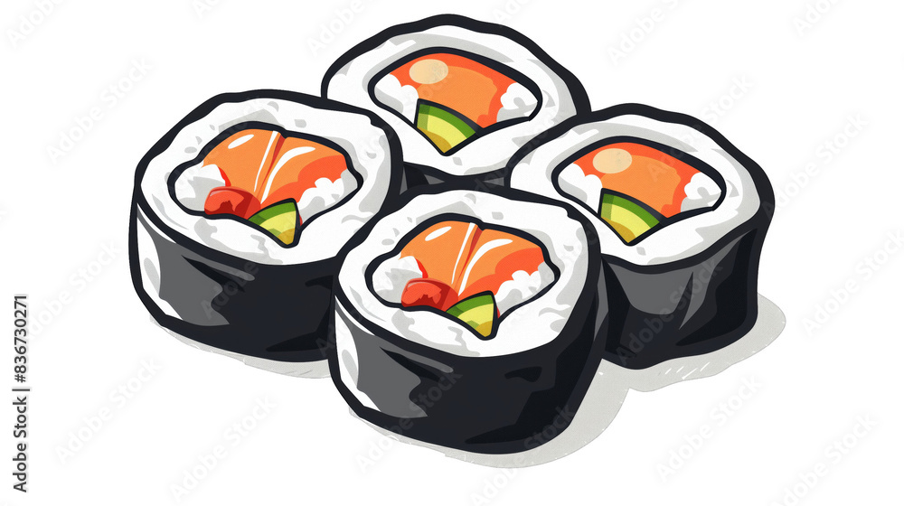 Illustration of four sushi rolls with salmon, avocado, and rice wrapped in seaweed. Perfect for culinary and food themes.on transparent background Illustration of four sushi rolls with salmon, avocado, and rice wrapped in seaweed. Perfect for culinary and food themes.on transparent background