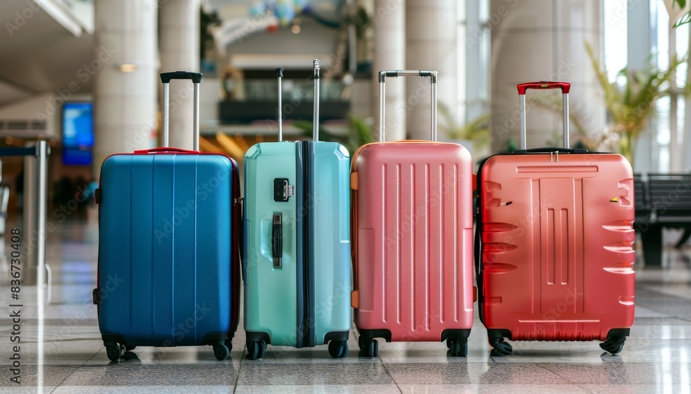 Business travel trip schedule and flight booking for vacations luggage suitcases at airport banner Business travel trip schedule and flight booking for vacations luggage suitcases at airport banner