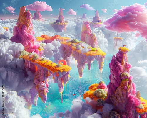 Overhead perspective of a vibrant, surreal dream world with floating islands, colorful clouds, and whimsical creatures Digital art, vivid colors