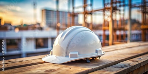 White hard hat on construction site with blurred background, emphasizing safety first