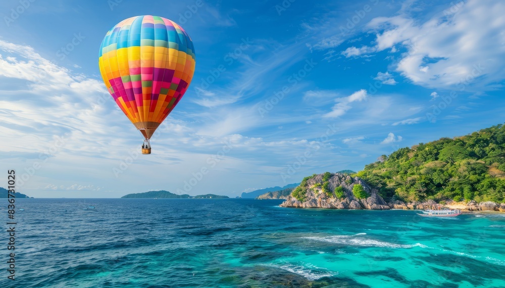 Sky High: Vibrant Hot Air Balloon Soaring over the Azure Sea at 7:4 Sky High: Vibrant Hot Air Balloon Soaring over the Azure Sea at 7:4