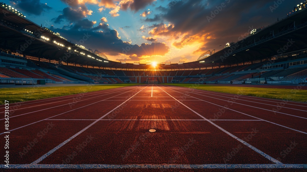 Stadium running track sunset view Stadium running track sunset view