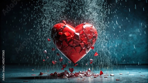 Exploded broken red heart shattered into pieces on dark background with rain, breakup concept photo