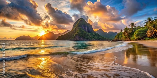 Slow motion sunset over a tropical mountain island with ocean waves at sand beach in El Nido  Philippines