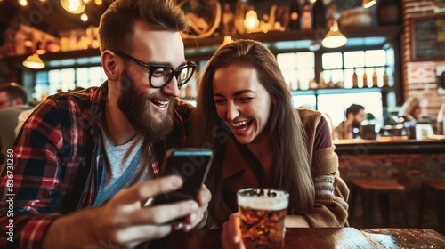 A happy couple laughing and sharing a moment while looking at a smartphone in a cozy bar.