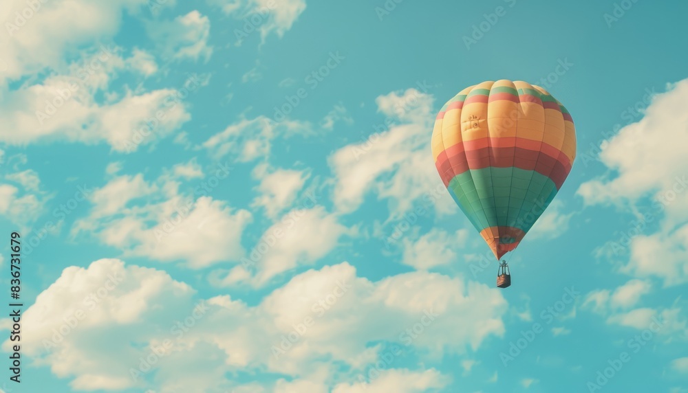 Obraz premium Vibrant Hot Air Balloon Soaring through Blue Cloudy Skies: Endless Possibilities Await - AR 7:4