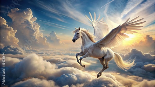 Majestic white pegasus soaring through a cloud-filled sky, mythical, horse, wings, flying, equine, fantasy, magical, celestial, creature, majestic, winged, sky, clouds, beautiful, graceful photo
