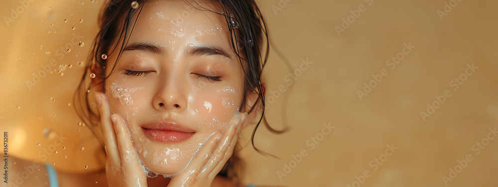 Model Young Asian woman with closed eyes touching her face skin washing ...