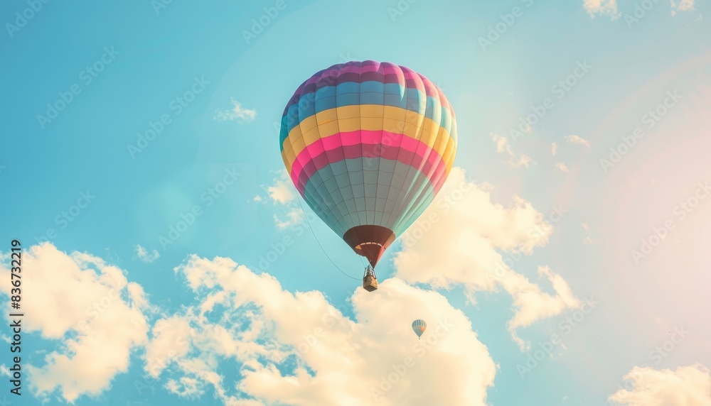 Fototapeta premium Up, Up, and Away: A Vibrant Hot Air Balloon Soaring Through the Sky