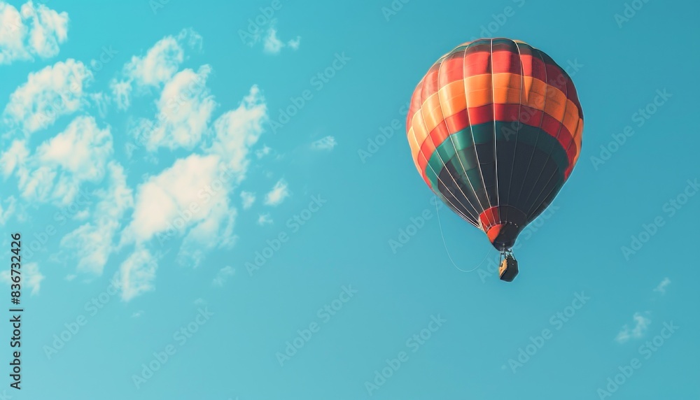 Naklejka premium Vibrant Journey: A Colorful Hot Air Balloon Soars Through the Blue Sky - AR 7:4