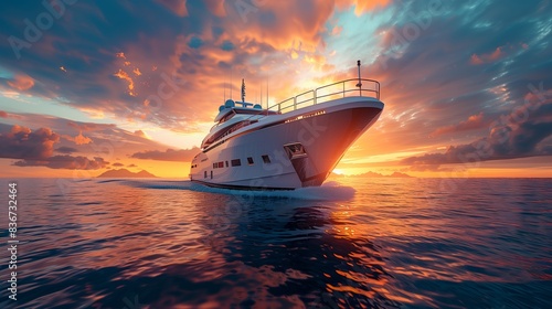 Luxurious motor boat sailing the sea at dawn. Front view from the bottom side, close up. Sunset behind over yatch sailboat on deep sea with colorful twilight evening sky background seascape.