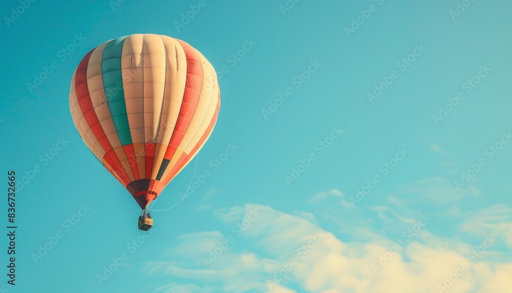 Fototapeta premium Vibrant Journey: A Colorful Hot Air Balloon Soaring in the Blue Sky