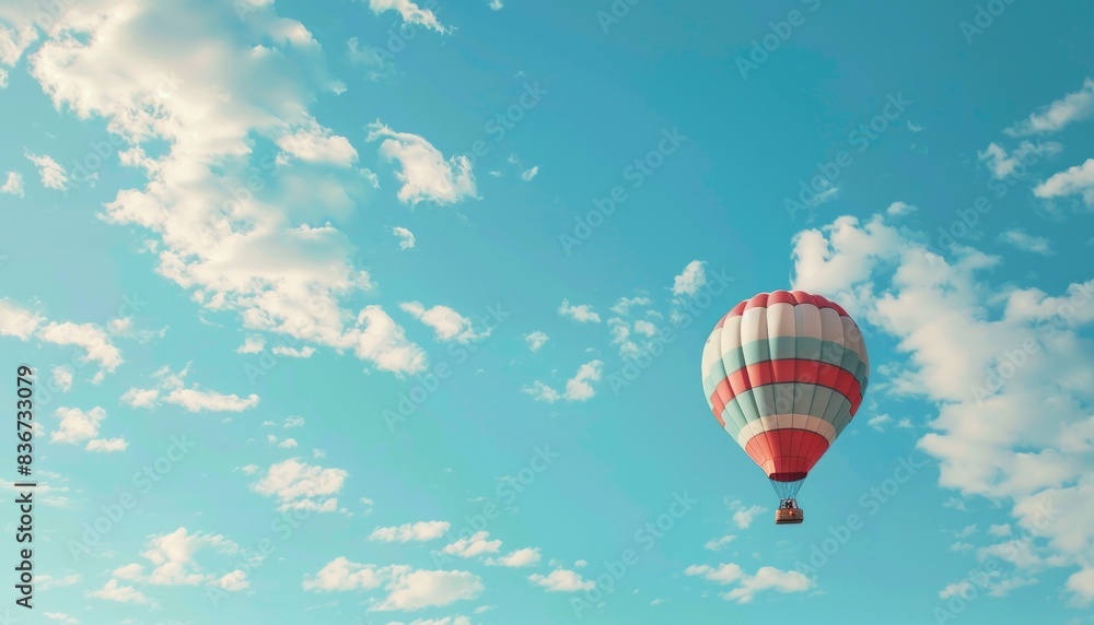Obraz premium A Vibrant Journey: The Colorful Hot Air Balloon Soaring through the Blue Sky with White Clouds, AR 7