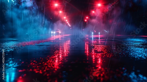 Close-up view of street with red and blue lights photo