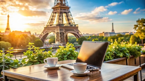 A peaceful cafe setting with the Eiffel tower in the background, a laptop open on the table © tammanoon