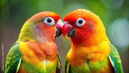 Close-up of two affectionate lovebirds bonding together photo