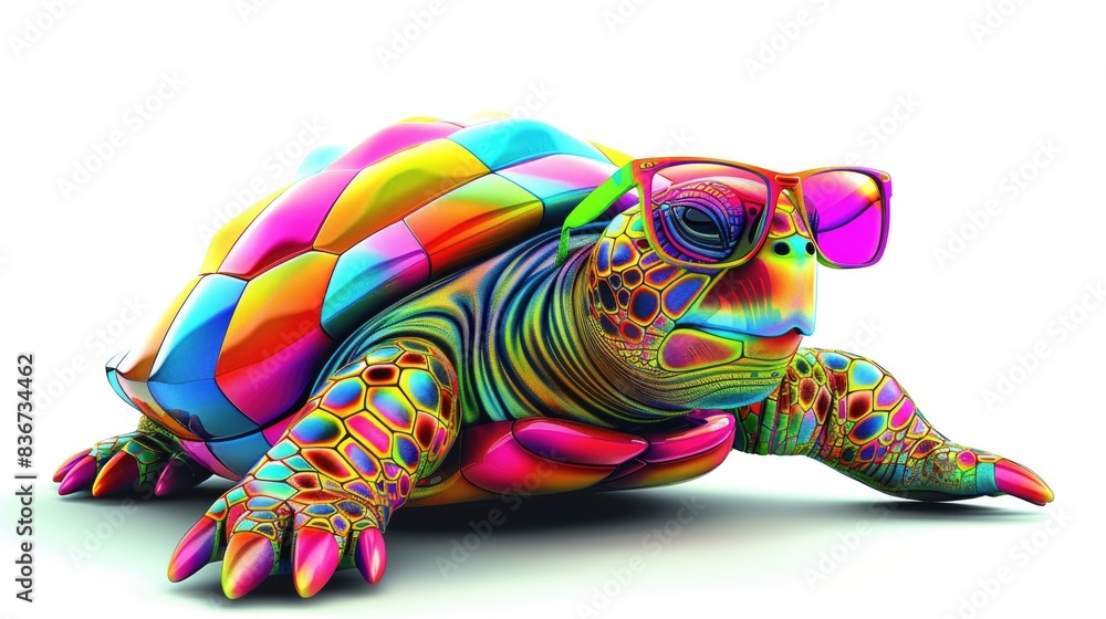 Fototapeta premium Cartoon colorful turtle with sunglasses on white background