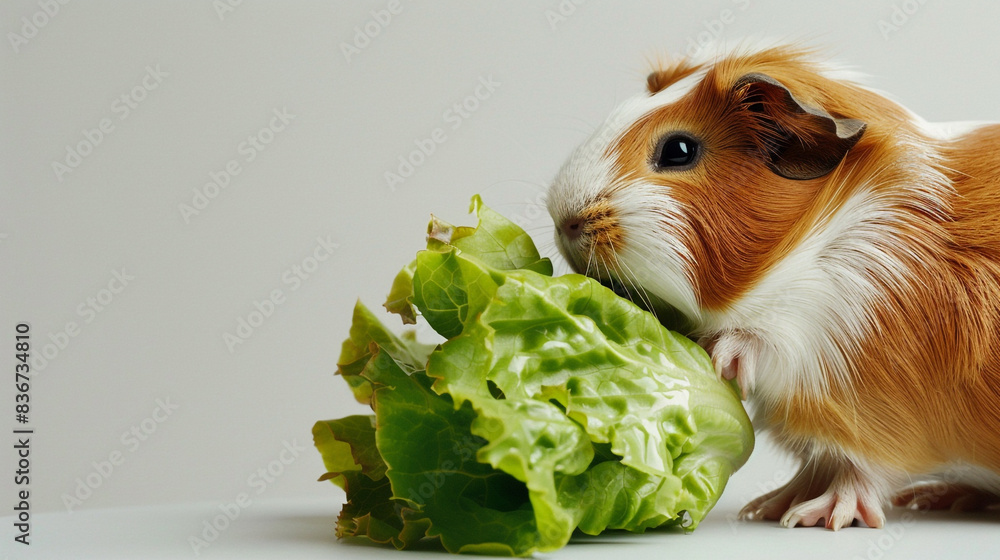 A content guinea pig with a relaxed expression closely examining a leaf of lettuce on a solid white background, placed in the corner of the banner. 4K, A content guinea pig with a relaxed expression closely examining a leaf of lettuce on a solid white background, placed in the corner of the banner. 4K,