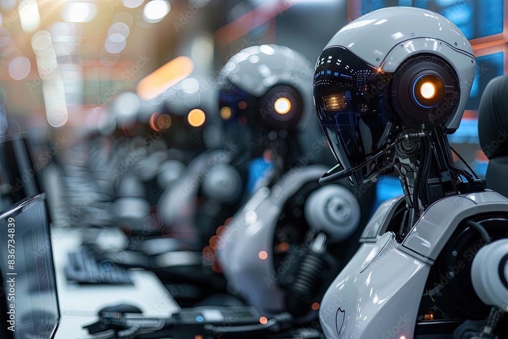 Call center with a same AI humanoid robots attending to customers. Call center with a same AI humanoid robots attending to customers.